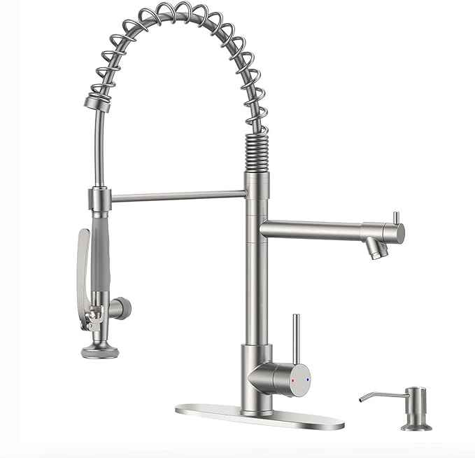 Fapully Commercial Pull Down Kitchen Sink Faucet with Sprayer Brushed Nickel Single Handle Faucets for Kitchen Sink, Kitchen Faucet with Soap Dispenser and Deck Plack for 4 Hole