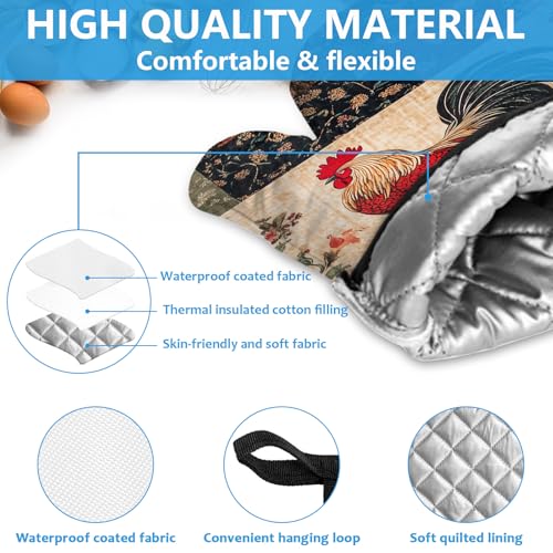 Rustic Rooster Oven Mitts and Pot Holders Sets Heat Resistant 4Pcs Potholders Oven Gloves Hot Pads for Kitchen Baking Cooking Grilling BBQ (4 Count)