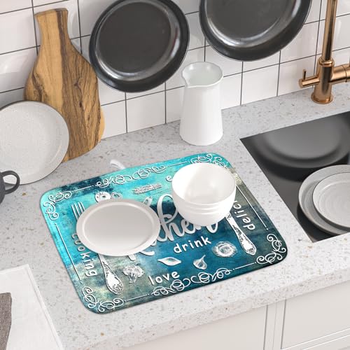 Blue Grey Dish Drying Mat 16x18 Inch Cooking Delicious Absorbent Drying Pad Heat Resistant Dish Drainer Mats for Kitchen Countertop