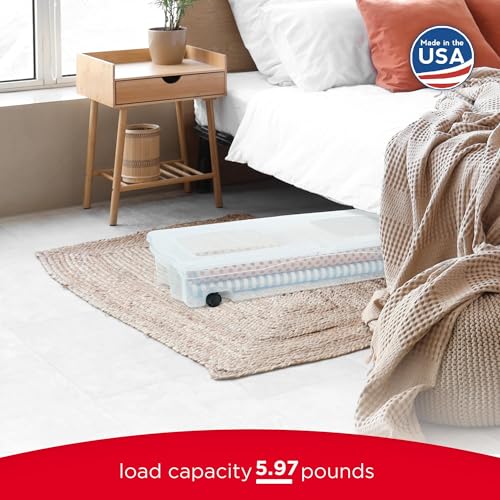 68 Quart Under the Bed Low Profile Storage Boxes with Dual Hinged Lids and Easy Rolling Caster Wheels (2 Count)