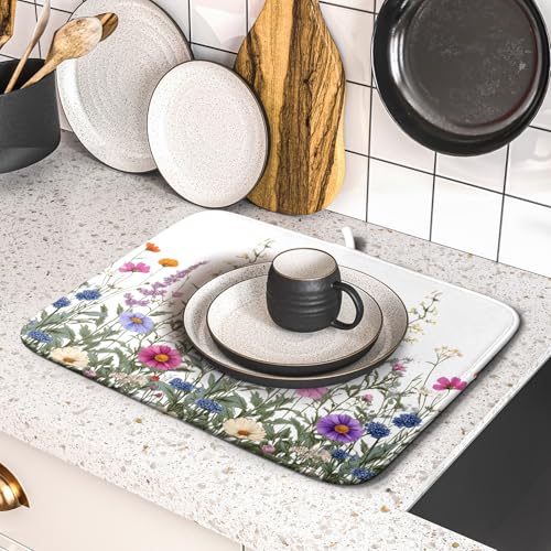 Flower Herbs Dish Drying Mat Botanical Plant Dishes Drainer Mat 16x18 inch Reversible Microfiber Drying Dish Pad for Kitchen Counter Decor