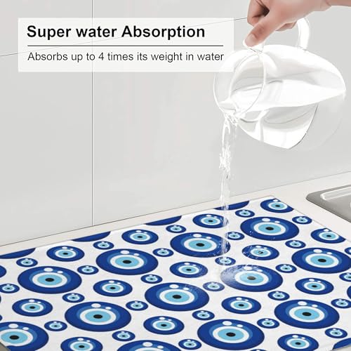 Blue Evil Eyes Microfiber Dish Drying Mat for Kitchen Counter 18"x24" Funny Dishes Pad Dish Drainer Rack Mats Absorbent Washable Reusable