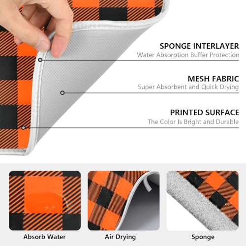 Halloween Dish Drying Mat for Kitchen Counter Absorbent Microfiber Small Drying Pad Black Orange Buffalo Plaid Check Dish Mats for Kitchen Countertops 16 x 18 Inch