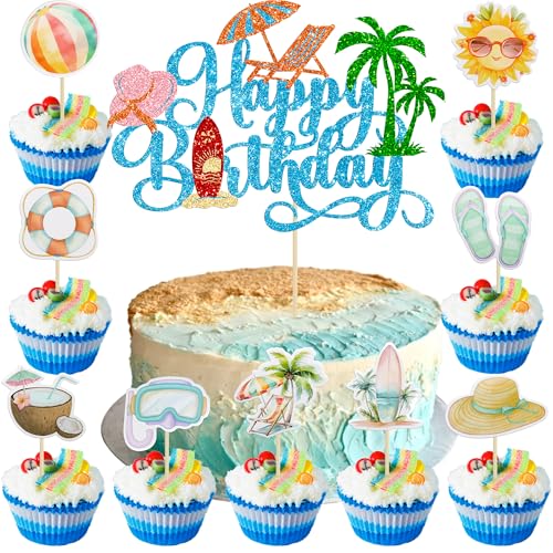 37Pcs Summer Beach Pool Cupcake Toppers Glitter Beach Happy Birthday Cake Topper Ball Sun Umbrella Water Gun Cupcake Picks for Tropical Hawaii Theme Birthday Party Decorations Supplies Blue (37 Count)