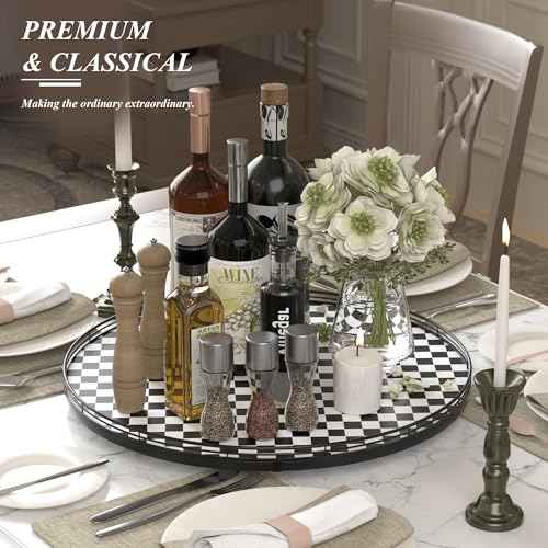 21 Inch Black and White Checkerboard Lazy Susan Decorative Tray