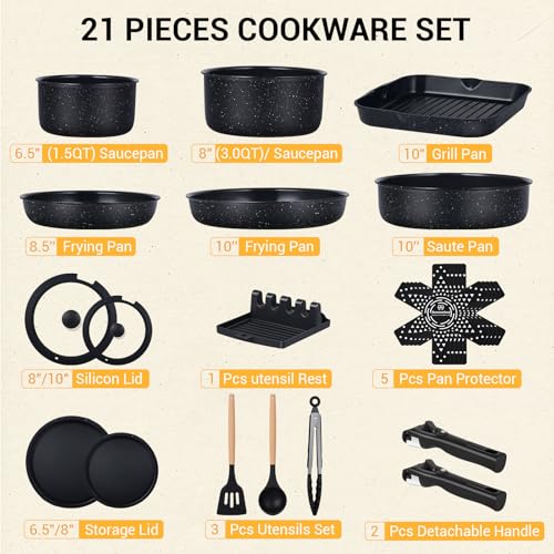 21Pcs Pots and Pans Set Non Stick with Detachable Handle