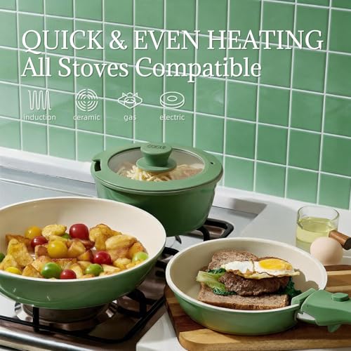 Ceramic Cookware Set Non Stick 8Pcs Pots and Pans Set Detachable Handle Induction Kitchen Cooking Set with Frying Pans Oven Dishwasher Safe