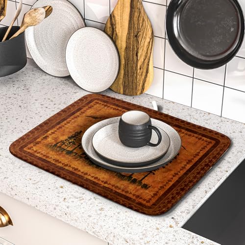 Forest Bear Dish Drying Mat 16x18 Inch Rustic Cabin Washable Microfiber Absorbent Dishes Drainer Rack Pad for Kitchen Counter Home Decor
