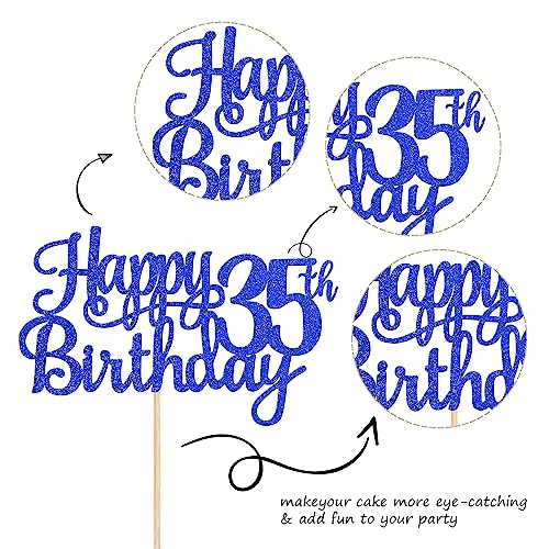 1 PCS Happy 35th Birthday Cake Topper Glitter Cheers to 35 Years Birthday Cake Pick Thirty Five 35 Fabulous Cake Decoration for Happy 35th Birthday Theme Party Decorations Supplies Blue