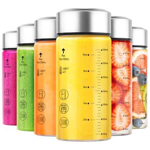 12oz Wide Mouth Glass Juice Bottles With Stainless Steel Lids 6 Pack (6 Count)