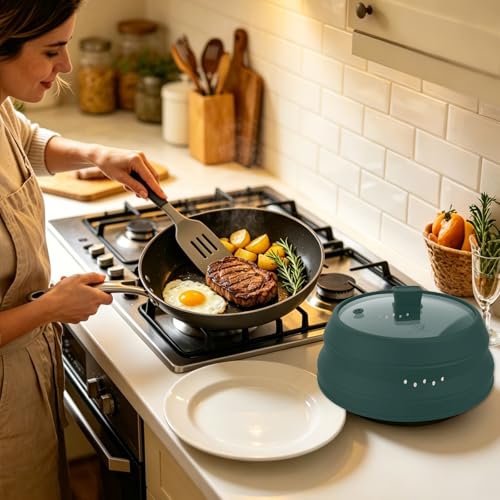 Tall Microwave Splatter Cover Glass Cover Guard Lid 6 inch Height with Collapsible Silicone for Food Pot Plate 12.5 inch Dark Green