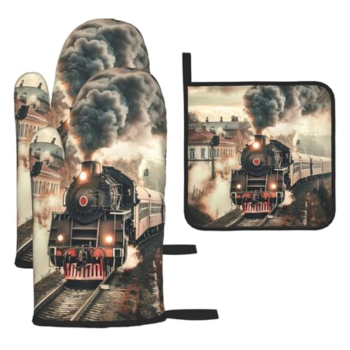 Train Travelling Oven Mitts and Pot Holders Sets of 3 Heat Resistant Oven Gloves Hot Pads Non (4.33 Count)
