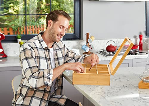 Natural Bamboo Tea Storage Organizer with Clear Acrylic Top Window