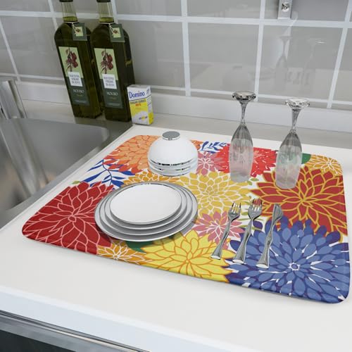 Modern Floral Dish Drying Mat Large Multicolored Tropical Drying Pad for Kitchen Counter