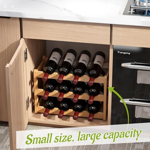 Bamboo Wine Rack Wine Storage Cabinet Shelf 12 Bottle Wine Racks Countertop Sturdy for Kitchen Dining Room Pantry