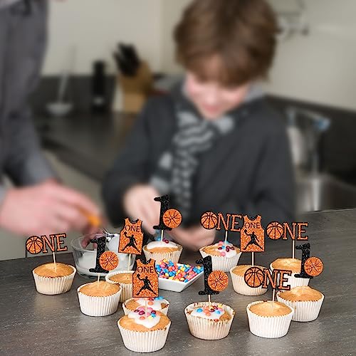 24Pcs Basketball One Cupcake Toppers Glitter Number 1 First Birthday Basketball Cupcake Picks for Sports Theme Baby Shower Kids 1st Birthday Party Cake Decorations Supplies (24 Count)