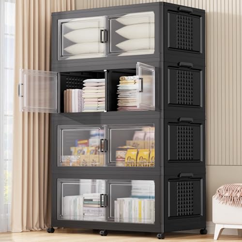 200Gal XL Stackable Storage Bins Foldable Box Cabinet for Home 4Pack Black (4 Count)