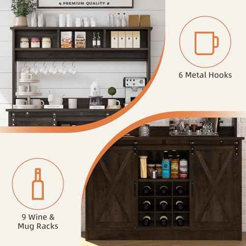 47" Farmhouse Coffee Bar with Storage Hutch & Wine Rack