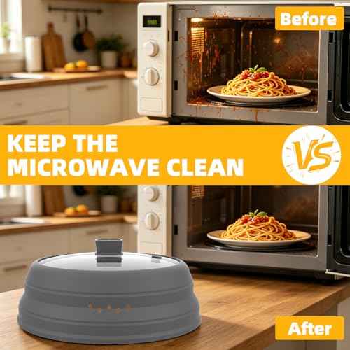 2 Pack Microwave Splatter Cover Glass Guard Lid with Collapsible Silicone for Food Pot Plate 8.5 inch and 9.8 inch Grey (2 Count)