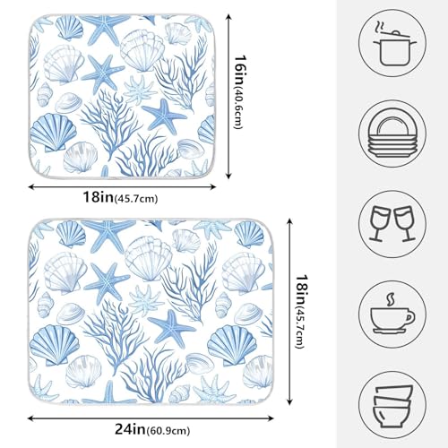 Nautical Coastal Dish Drying Mat for Kitchen Counter Absorbent Microfiber Large Summer Ocean Themed Seashell Coral Starfish Drying Pad Dish Mats for Kitchen Countertops 18 x 24 Inch