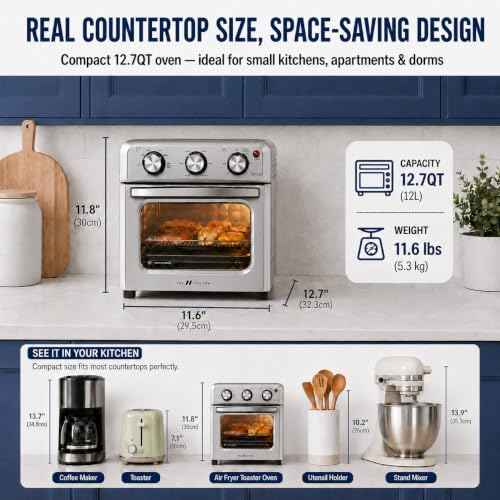 6-in-1 Air Fryer Toaster Oven Combo, Compact 12.7 QT Small Countertop Convection Oven, Fits 9" Pizza & 4 Toast, Hexagon Hybrid Heating, Enamel Baking Pan Included, Stainless Steel Finish