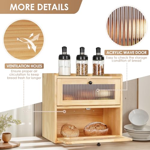 Bread Box for Kitchen Countertop Wooden Bread Storage Container Bin 2 Layer Breadbox Holder Large Capacity Keeper Vintage Farmhouse Food Organizer Pantry Shelf Acrylic Window（Wood color）