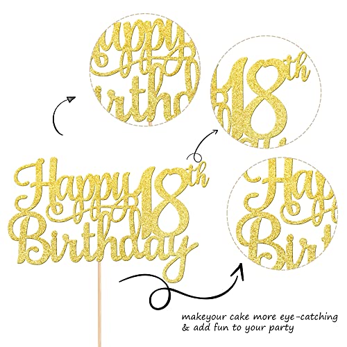 1 PCS Happy 18th Birthday Cake Topper Gold Glitter Cheers to 18 Years Birthday Cake Pick 18 Fabulous Cake Decoration for Happy 18th Birthday Theme Party Decorations Supplies