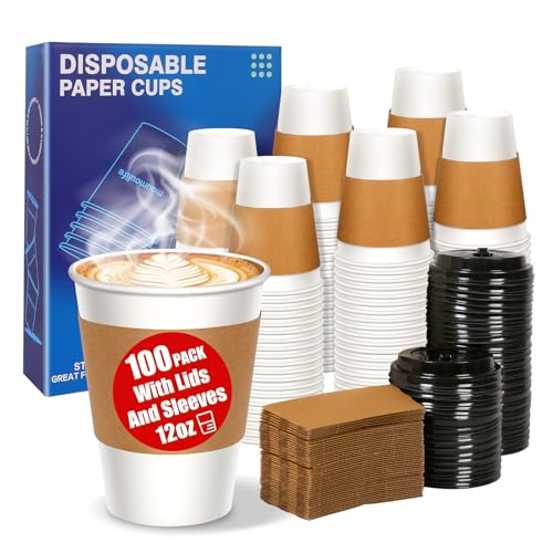 12 oz Disposable Paper Coffee Cups with Lids & Sleeves (100 Count)