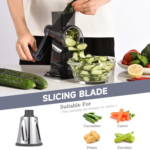 Rotary Cheese Grater with Handle Kitchen Shredder Slicer Grater Slicer Ice Shaver Cheese Vegetable Nuts Potato Zucchini Chocolate 3 Interchangeable Blades