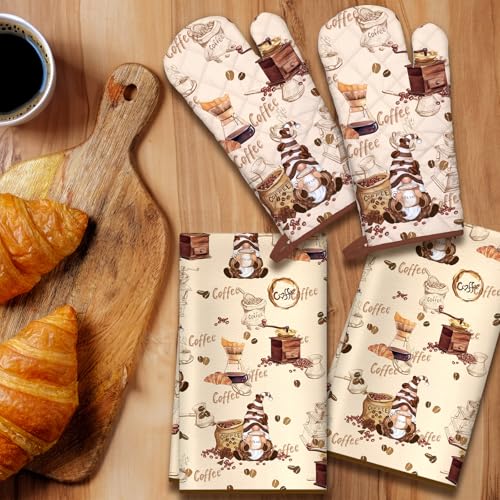 Vintage Coffee Kitchen Towels and Oven Mitts Set 4Pcs (4 Count)
