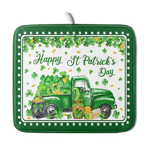 Shamrock Gnome Truck Dish Drying Mat Lucky Clover Dish Drainer Mat 16x18 inch Absorbent Fast Dry Pad for Kitchen Counter Coffee Bar Decor