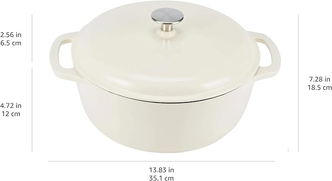 Amazon Basics Enameled Cast Iron Dutch Oven Pot with Lid, Oven Safe, Heavy-Duty, Dual Handles for Baking, Roasting, Stews, Round, 6-Quart, White