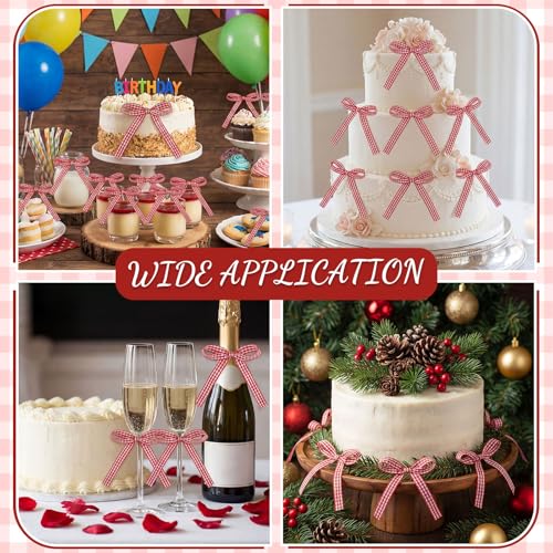 30 Pack Gingham Ribbon Bows for Cake Red Gingham Bow Cake Toppers (30 Count)