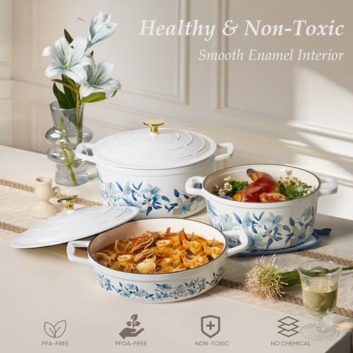5QT Enameled Floral Cast Iron Dutch Oven Pot with Lid