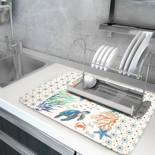 Nautical Coastal Dish Drying Mat Sea Turtle Seahorse Dish Drainer Pad 18"x24" Microfiber Reversible Fast Dry Pad for Kitchen Counter Decor