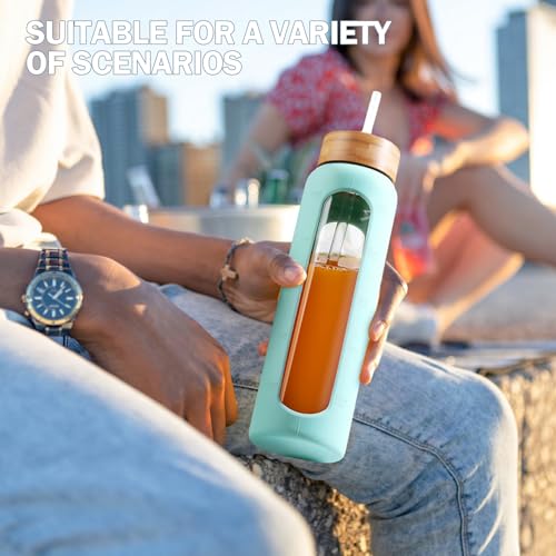 32oz Glass Water Bottle with Straw and 2 Lids
