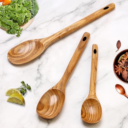 3 Pcs Non Toxic Wood Serving Spoons Set for Cooking Mixing Kitchen Utensils (3 Count)