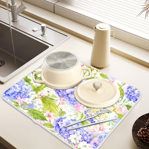 Floral Hydrangea Garden Dish Drying Mat for Kitchen Counter Absorbent Microfiber Small Drying Pad Dish mats for Kitchen Countertops 16 x 18 Inch