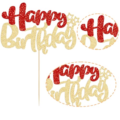 1Pcs Happy Birthday Cake Topper Glitter Happy Birthday Cake Pick for Christmas Theme Baby Shower Anniversary Party Decorations Supplies Red Gold