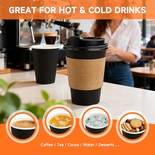 50 Pack 12 oz Disposable Coffee Cups with Lids and Sleeves (50 Count)