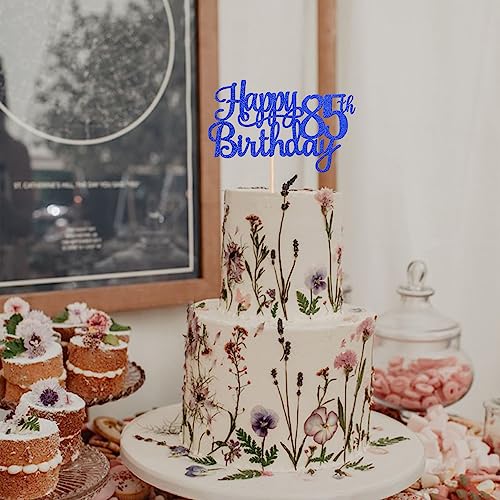 1 PCS Happy 85th Birthday Cake Topper Glitter Cheers to 85 Years Birthday Cake Pick Eighty Five 85 Fabulous Cake Decoration for Happy 85th Birthday Theme Party Decorations Supplies Blue