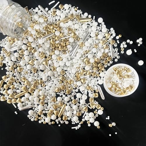 White Deluxe Gold Sprinkles Candy Mixing Size Baking Edible Cake Decorations Cupcake Toppers Cookie Decorating Celebrations Wedding Shower Party Chirstmas Supplies 130g (4.6 Ounce)