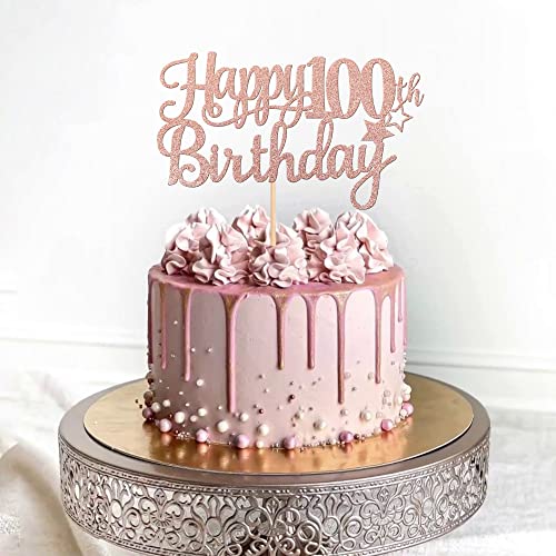1 PCS Happy 100th Birthday Cake Topper Glitter Cheers to 100 Years Cake Pick Number 100 Fabulous Cake Decoration for 100th Birthday Theme Party Decorations Supplies Rose Gold