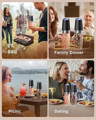 Gravity Electric Salt and Pepper Grinder Set Shakers UPGRADED 9OZ XL CAPACITY Battery Powered Refillable Automatic One Hand Operation Adjustable Coarseness Mill Grinder Set for Kitchen (2 Count)