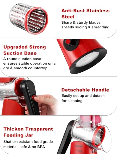 Rotary Cheese Grater Vegetable Shredder With 6 Interchangeable Blades No Slip Suction Base