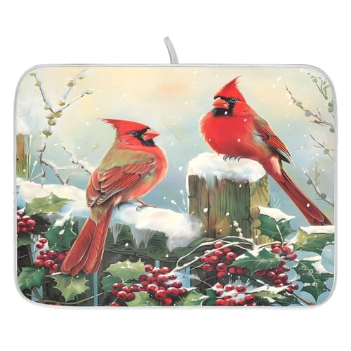 Winter Birds Snowflakes Berry Dish Drying Mat for Kitchen Counter Absorbent Microfiber Large Christmas Drying Pad Dish Mats for Kitchen Countertops 18 x 24 Inch