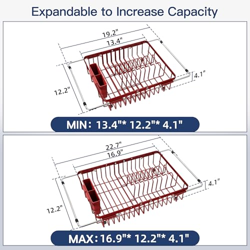 Red Dish Drying Rack Over the Sink with Utensil Holder