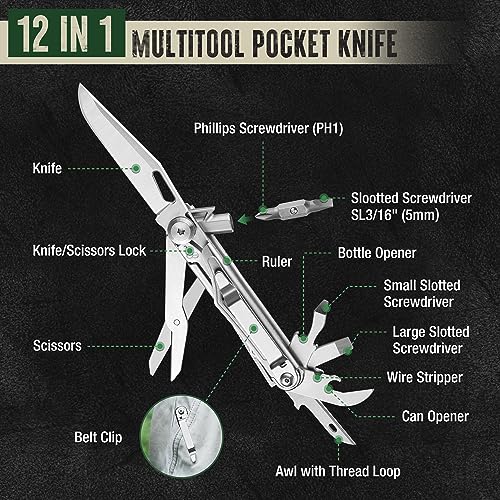 12-in-1 Multitool Pocket Knife with Pouch & Clip