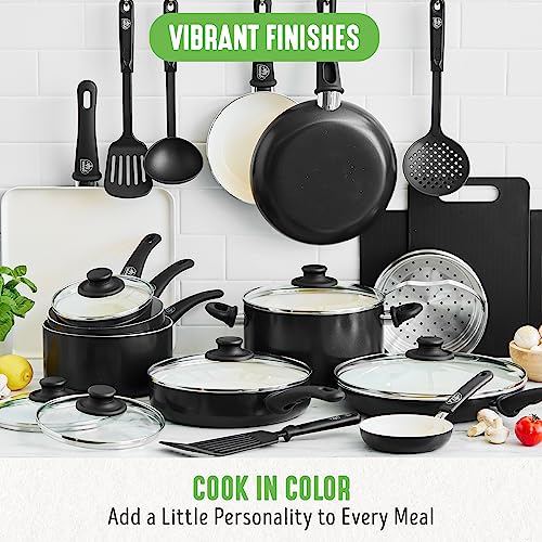 Soft Grip Healthy Ceramic Nonstick 23 Piece Kitchen Cookware Pots and Frying Sauce Saute Pans Set with Kitchen Utensils