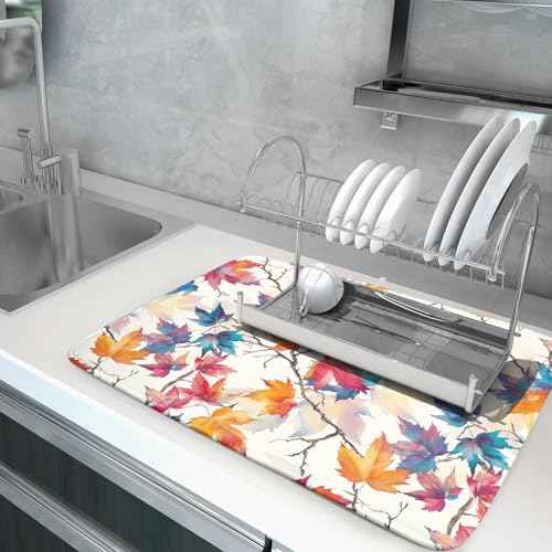Maple Leaf Dish Drying Mat fall autumn colorful leaves absorbent dish drain mats for kitchen counter